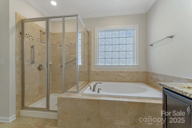13311 Union Square Dr, Huntersville, NC 28078 - full bathroom featuring tile patterned floors, a bath, a shower stall, and vanity