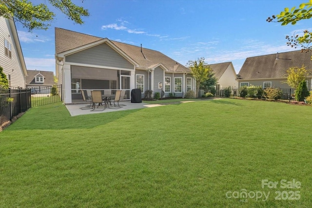 13311 Union Square Dr, Huntersville, NC 28078 - rear view of property with a patio area, a fenced backyard, a sunroom, and a lawn