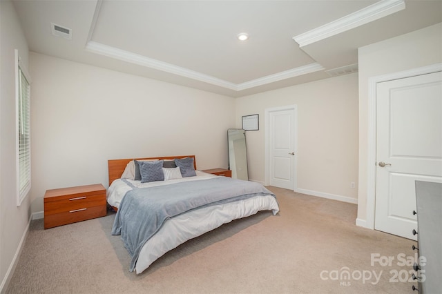 bedroom featuring crown molding, light colored carpet, visible vents, recessed lighting, and baseboards