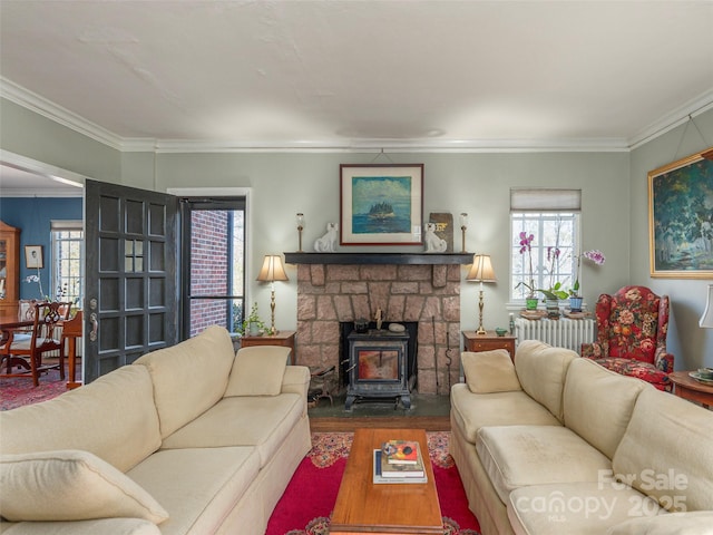 250 Kimberly Ave, Asheville, NC 28804 - living room featuring radiator, crown molding, a wood stove, and wood finished floors