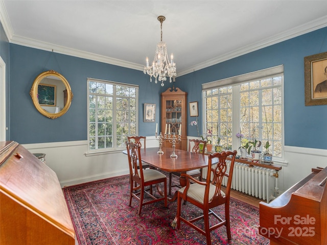 250 Kimberly Ave, Asheville, NC 28804 - dining space with a notable chandelier, crown molding, radiator heating unit, and wainscoting