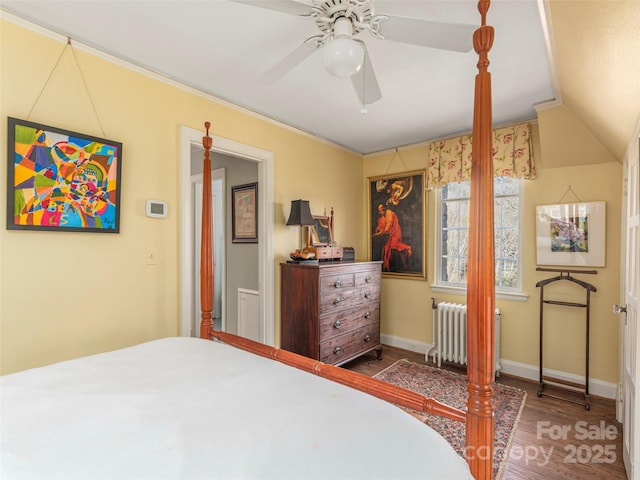 250 Kimberly Ave, Asheville, NC 28804 - bedroom featuring a ceiling fan, wood finished floors, radiator heating unit, baseboards, and ornamental molding