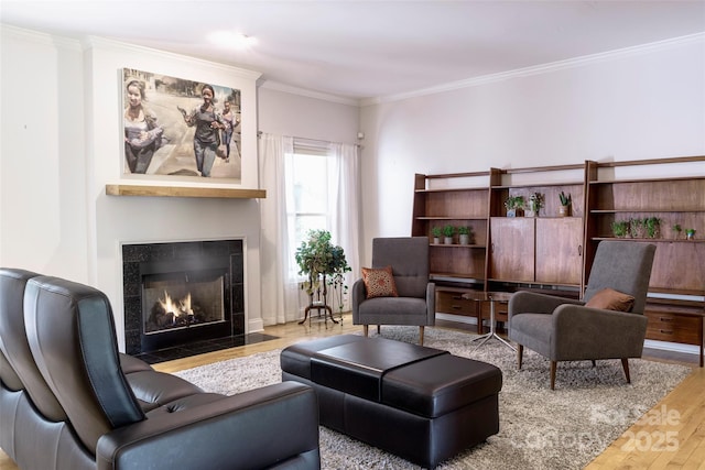 101 Skyview Dr, Asheville, NC 28804 - living room with wood finished floors, crown molding, and a tile fireplace
