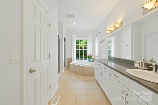 101 Skyview Dr, Asheville, NC 28804 - full bathroom with a bath, tile patterned floors, vanity, a stall shower, and recessed lighting
