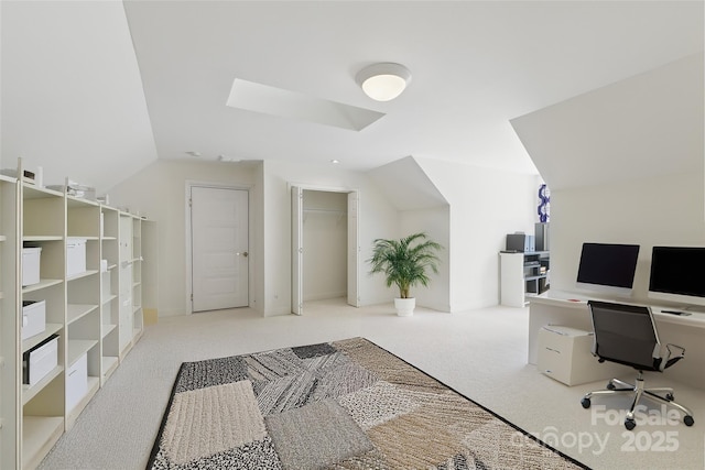 101 Skyview Dr, Asheville, NC 28804 - home office with lofted ceiling, carpet flooring, and a skylight