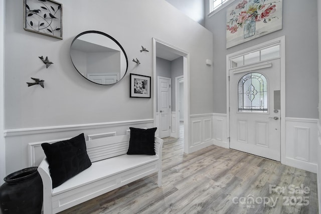 foyer entrance with a decorative wall, wainscoting, wood finished floors, and a healthy amount of sunlight