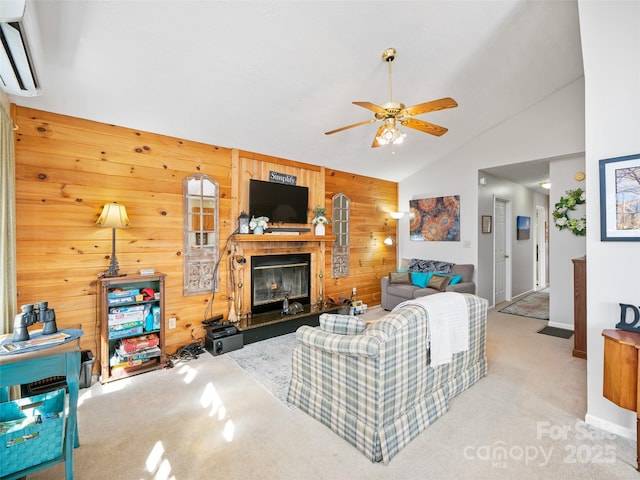 364 Blevins Knob Dr, Burnsville, NC 28714 - living room with ceiling fan, carpet, an AC wall unit, and wooden walls