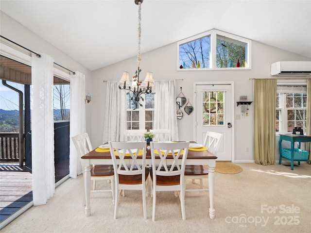 364 Blevins Knob Dr, Burnsville, NC 28714 - dining room with vaulted ceiling, a wall mounted AC, carpet floors, and an inviting chandelier