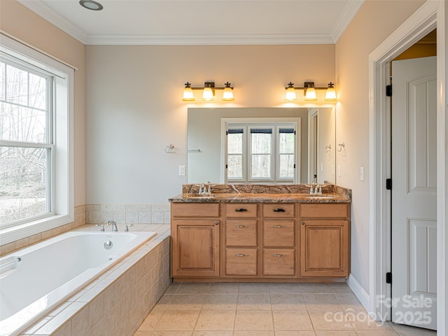 full bathroom with plenty of natural light, a garden tub, and crown molding