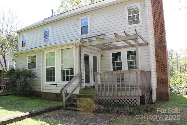 9915 Lottie Ln, Charlotte, NC 28262 - rear view of house with french doors, a pergola, a deck, and a chimney