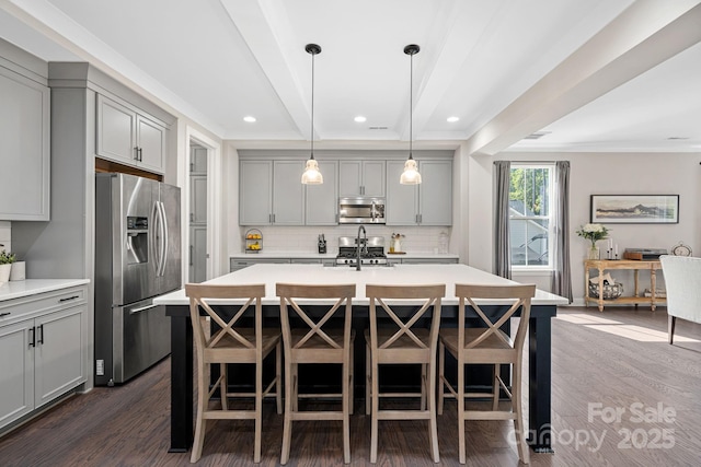 4195 Island Fox Ln, Denver, NC 28037 - kitchen with backsplash, appliances with stainless steel finishes, gray cabinetry, and light countertops