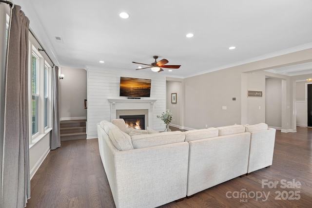 4195 Island Fox Ln, Denver, NC 28037 - living area with baseboards, a warm lit fireplace, a ceiling fan, and recessed lighting