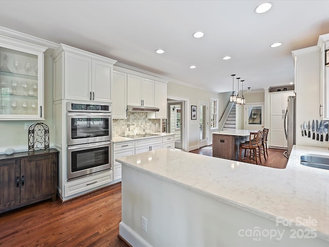 2313 Beechwood Dr, Waxhaw, NC 28173 - kitchen with stainless steel appliances, crown molding, white cabinetry, under cabinet range hood, and recessed lighting