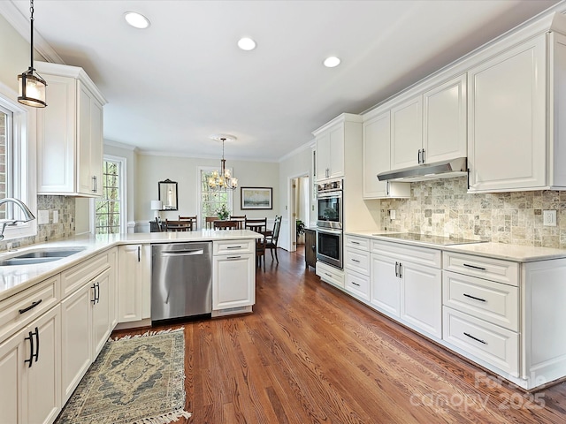 2313 Beechwood Dr, Waxhaw, NC 28173 - kitchen with appliances with stainless steel finishes, a sink, under cabinet range hood, white cabinetry, and ornamental molding