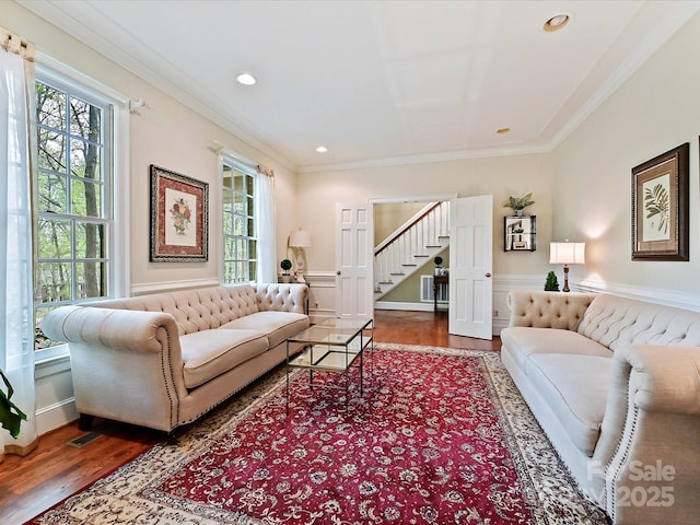 2313 Beechwood Dr, Waxhaw, NC 28173 - living area with wood finished floors, plenty of natural light, stairway, crown molding, and recessed lighting