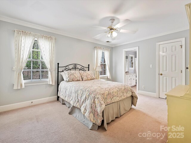 2313 Beechwood Dr, Waxhaw, NC 28173 - bedroom featuring light colored carpet, ornamental molding, baseboards, ceiling fan, and connected bathroom