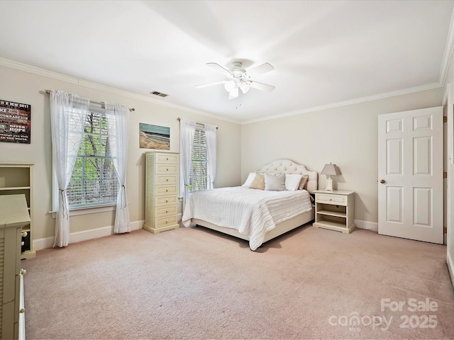 2313 Beechwood Dr, Waxhaw, NC 28173 - bedroom with light colored carpet, ornamental molding, baseboards, and a ceiling fan