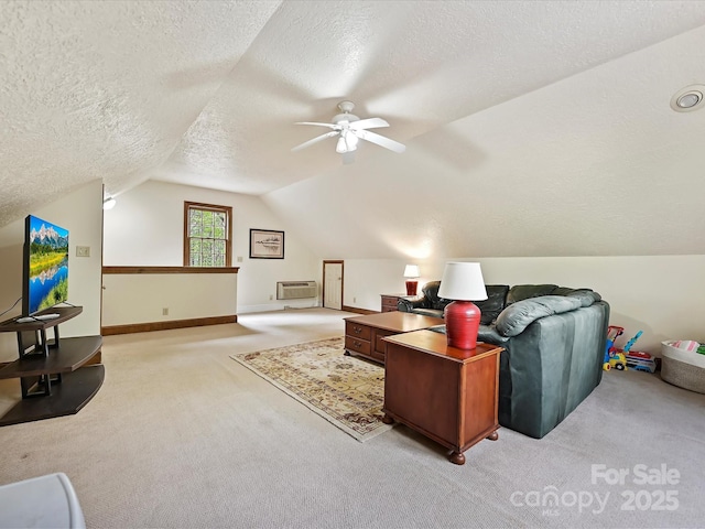 2313 Beechwood Dr, Waxhaw, NC 28173 - home office with a textured ceiling, light carpet, lofted ceiling, a ceiling fan, and baseboards