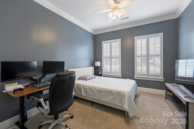 bedroom with ornamental molding, visible vents, carpet flooring, and multiple windows