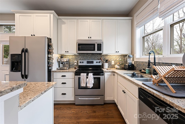 kitchen featuring a sink, a healthy amount of sunlight, dark wood-type flooring, and stainless steel appliances
