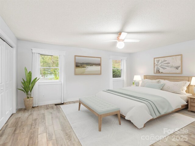 373 Vineyard Rd, Tryon, NC 28782 - bedroom with multiple windows, a closet, light wood finished floors, a textured ceiling, and a ceiling fan
