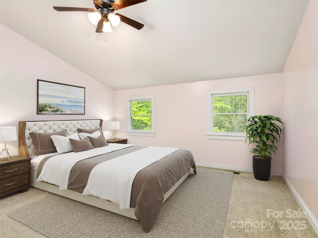 373 Vineyard Rd, Tryon, NC 28782 - bedroom featuring vaulted ceiling, light carpet, baseboards, and ceiling fan