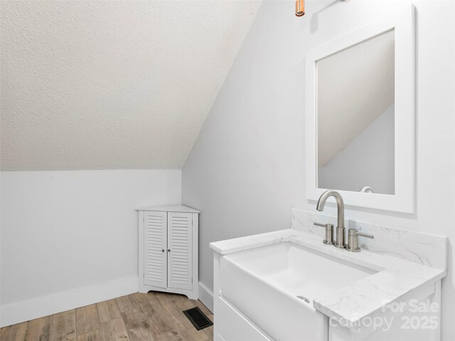 373 Vineyard Rd, Tryon, NC 28782 - bathroom featuring lofted ceiling, vanity, wood finished floors, a textured ceiling, and baseboards