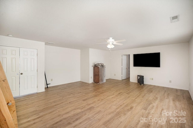unfurnished living room featuring ceiling fan, light wood-type flooring, and visible vents