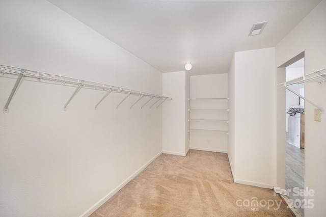 spacious closet featuring light colored carpet and visible vents