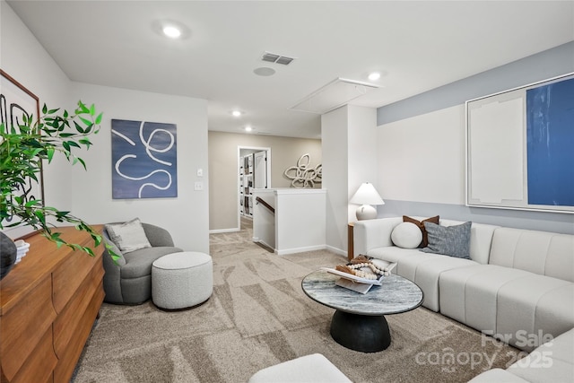 13709 Roderick Dr Unit 193, Huntersville, NC 28078 - living room with visible vents, baseboards, recessed lighting, attic access, and light carpet