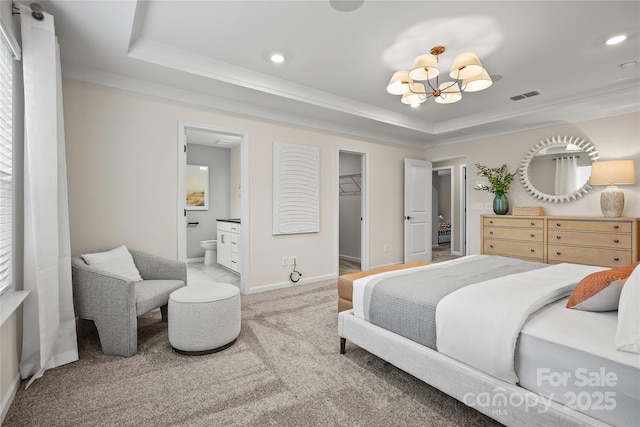 13709 Roderick Dr Unit 193, Huntersville, NC 28078 - bedroom featuring visible vents, a notable chandelier, a tray ceiling, and light colored carpet