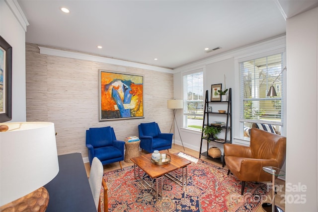 107 Iris Meadow Dr, Mooresville, NC 28115 - living area featuring wood finished floors, recessed lighting, baseboards, visible vents, and ornamental molding