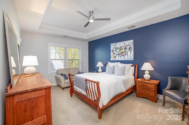 107 Iris Meadow Dr, Mooresville, NC 28115 - bedroom with crown molding, a raised ceiling, light carpet, baseboards, and visible vents