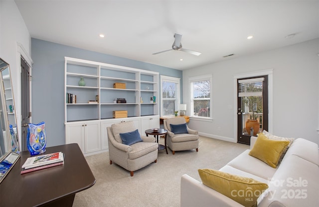 107 Iris Meadow Dr, Mooresville, NC 28115 - living area featuring ceiling fan, visible vents, recessed lighting, and light carpet