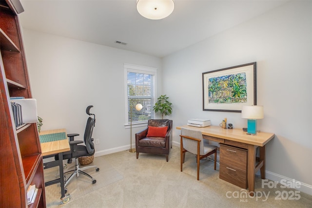 107 Iris Meadow Dr, Mooresville, NC 28115 - home office featuring baseboards, light colored carpet, and visible vents