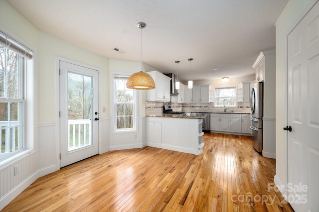 51 Sugar Hill Dr, Weaverville, NC 28787 - kitchen with a wainscoted wall, a sink, light wood-style floors, a peninsula, and appliances with stainless steel finishes