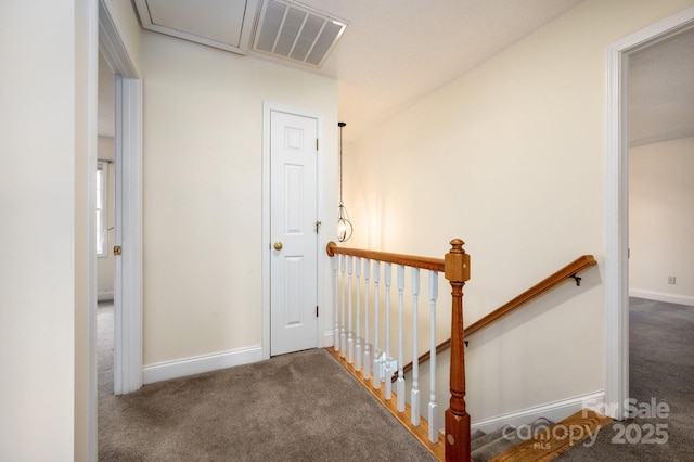 51 Sugar Hill Dr, Weaverville, NC 28787 - hall with baseboards, visible vents, carpet floors, and an upstairs landing