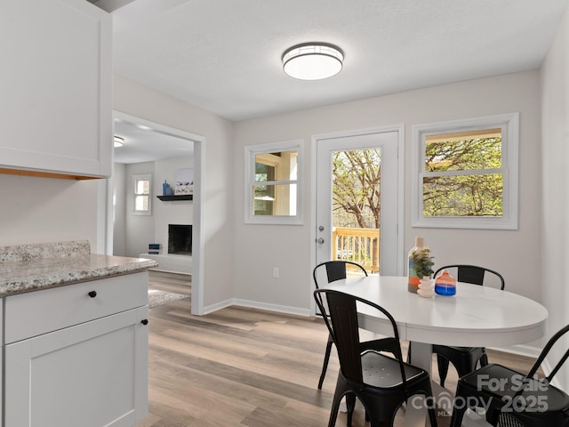 507 N Fork Rd, Black Mountain, NC 28711 - dining room featuring light wood-type flooring, baseboards, and a fireplace