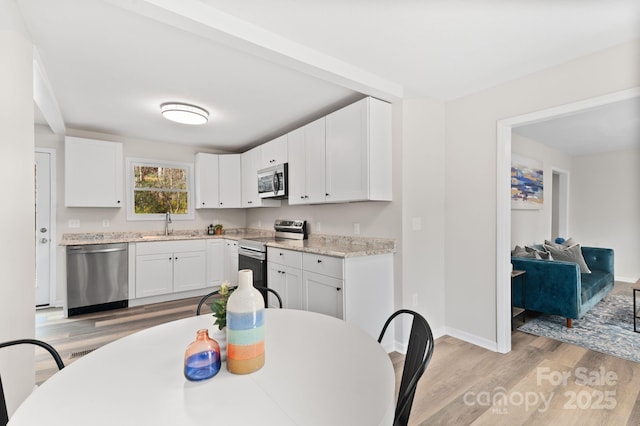 507 N Fork Rd, Black Mountain, NC 28711 - kitchen featuring appliances with stainless steel finishes, light wood-style floors, white cabinets, baseboards, and a sink