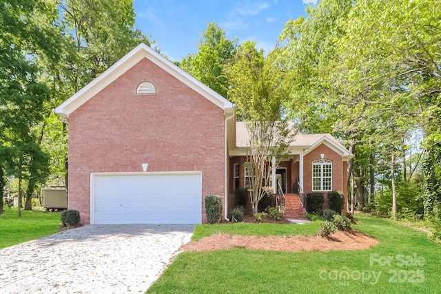 view of front of house with concrete driveway, brick siding, an attached garage, and a front lawn