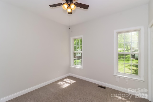 spare room with visible vents, baseboards, plenty of natural light, and carpet flooring