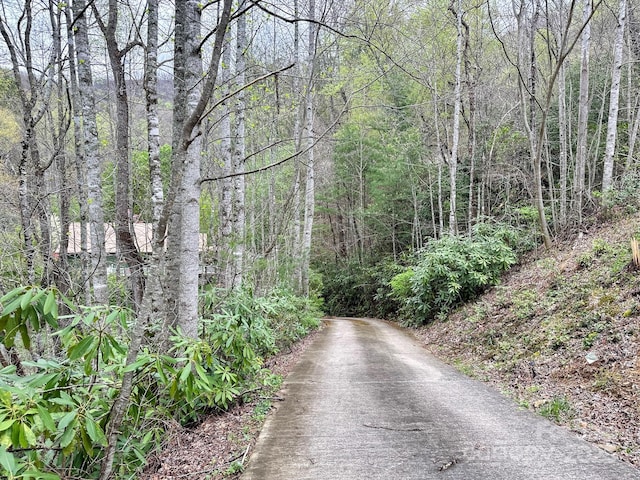view of street featuring a forest view