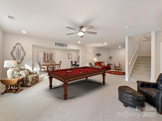 playroom with visible vents, recessed lighting, a ceiling fan, pool table, and carpet floors