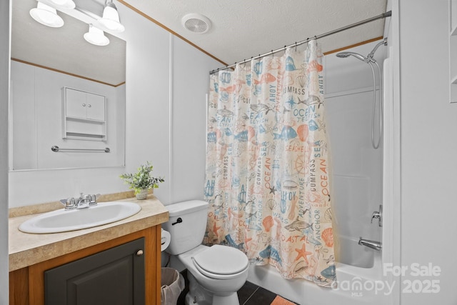 bathroom featuring vanity, tile patterned flooring, a textured ceiling, toilet, and shower / bathtub combination with curtain