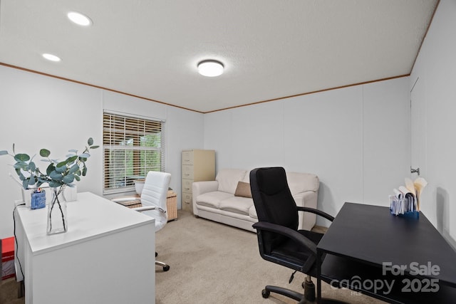 office space featuring recessed lighting, ornamental molding, and carpet floors