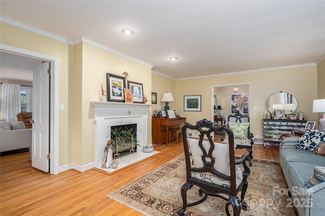 living area with crown molding, a premium fireplace, wood finished floors, and baseboards