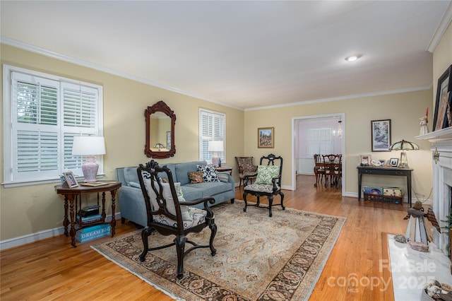 living room featuring wood finished floors, crown molding, and baseboards