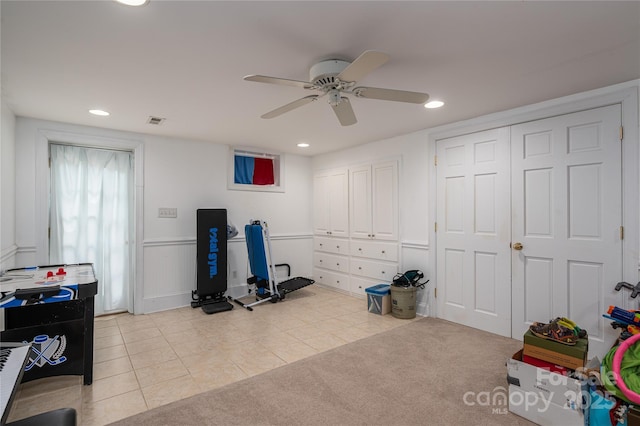 recreation room featuring recessed lighting, light tile patterned flooring, ceiling fan, and visible vents