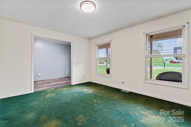 spare room with a textured ceiling, carpet flooring, baseboards, and ornamental molding