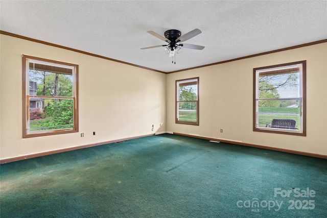 unfurnished room with dark carpet, crown molding, and a textured ceiling